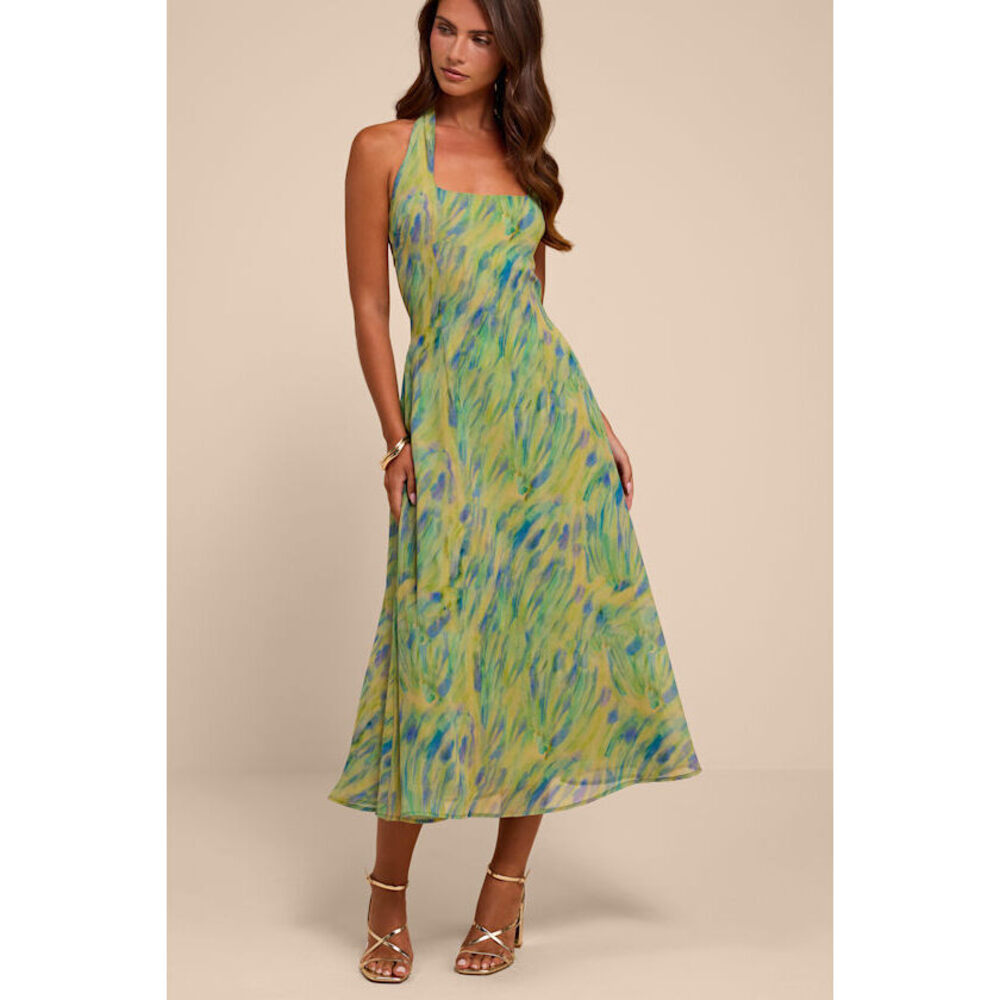 Lulus Reyes Green Multi Abstract Halter Midi Dress - Size L